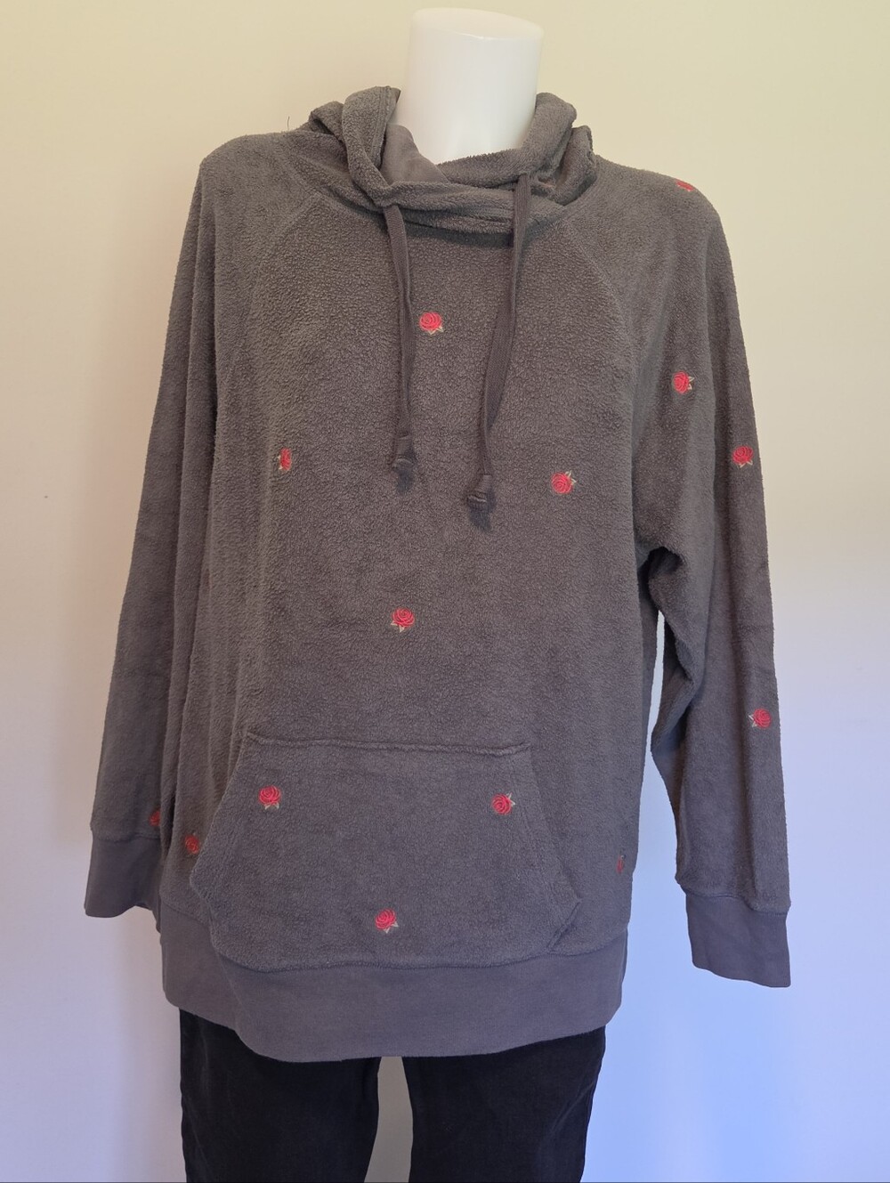 PINK Grey Rose Embroidered Terry Oversized Hoodie